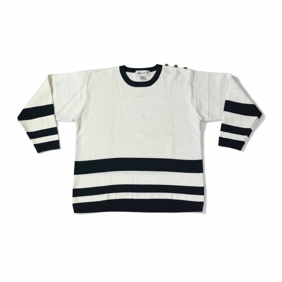 Adolfo Sweaters - Adolfo Il Vintage Striped Sailor
Sweater - Black &‎ Cream Gold Buttons